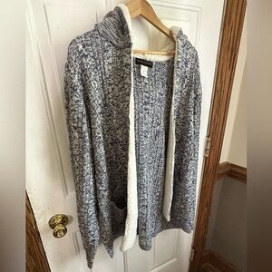 Blue and White Open-Front Cardigan Sweater